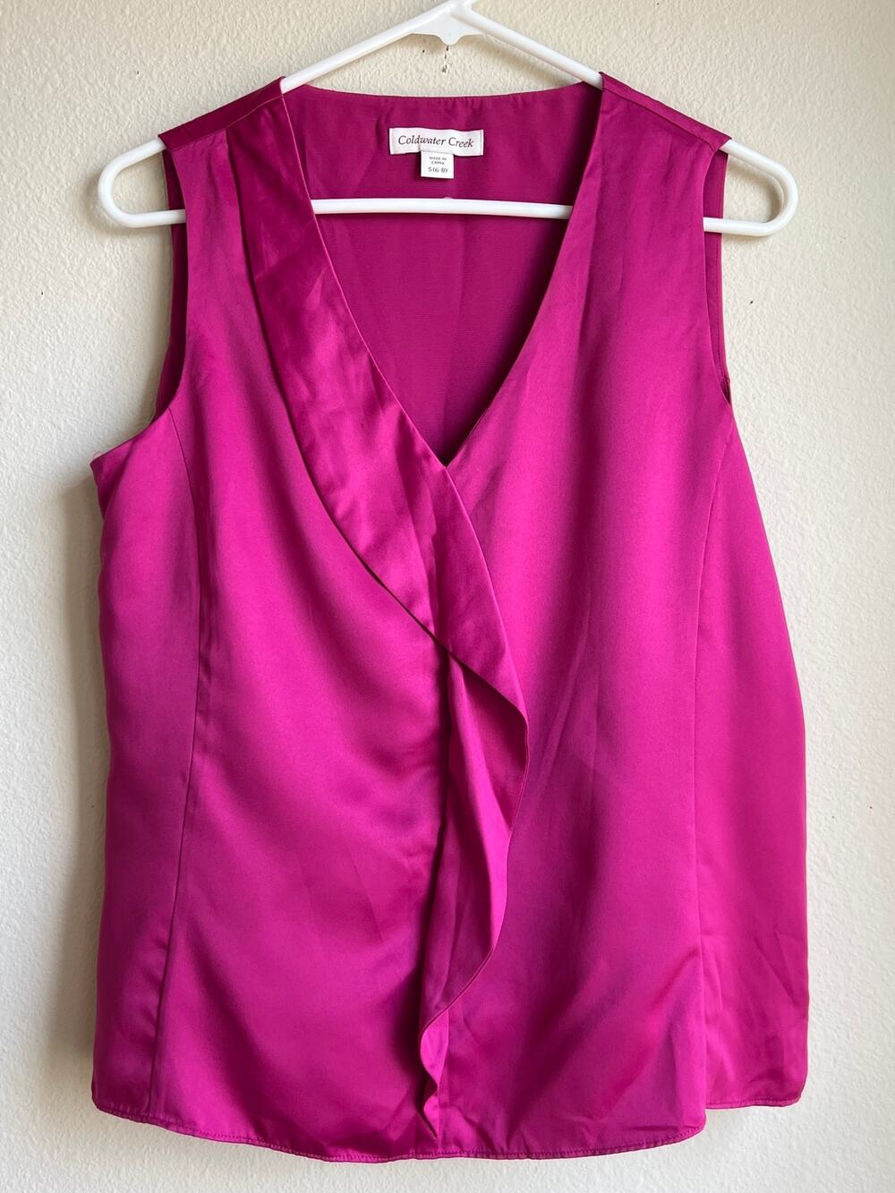 Coldwater Creek Magenta Pink Satin Faux Wrap Sleeveless Blouse Womens Size S 6-8